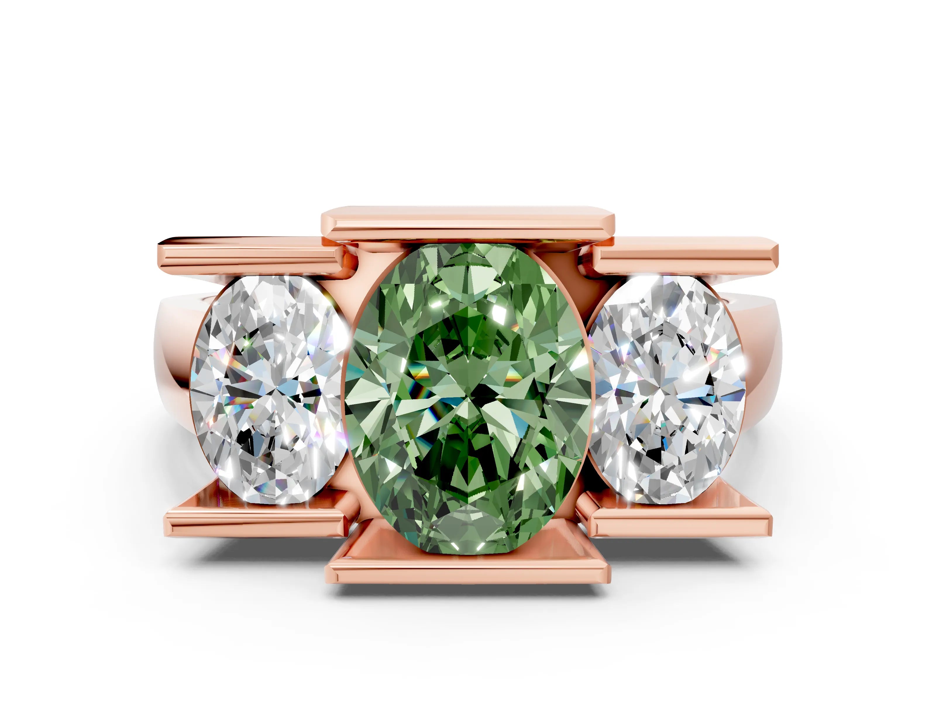 Rose gold Three Stone Fancy Green Oval Cut Cut Channel Set Diamond Ring