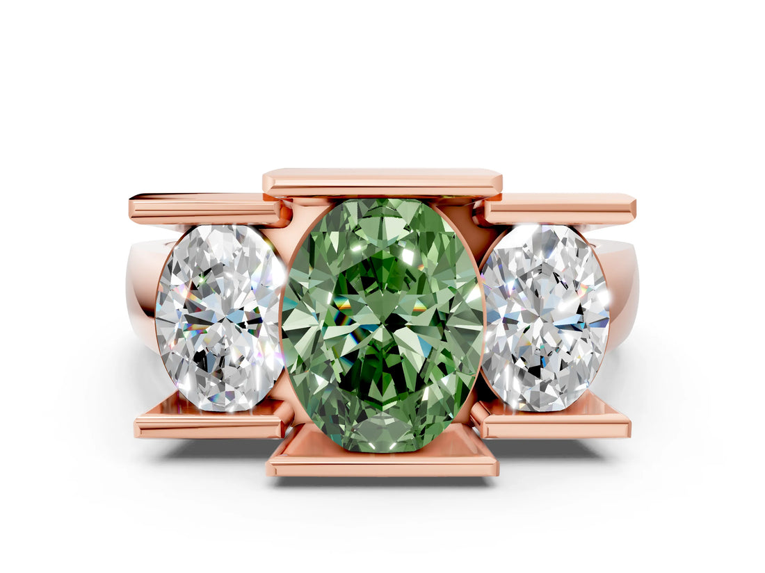 Rose gold Three Stone Fancy Green Oval Cut Cut Channel Set Diamond Ring