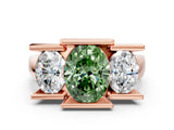 Rose gold Three Stone Fancy Green Oval Cut Cut Channel Set Diamond Ring