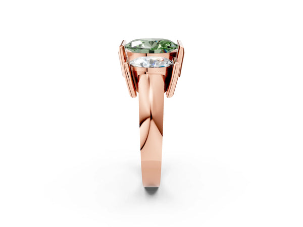 Rose Gold Oval Channel Set Three Stone Engagement Ring Setting for Fancy Green Center
