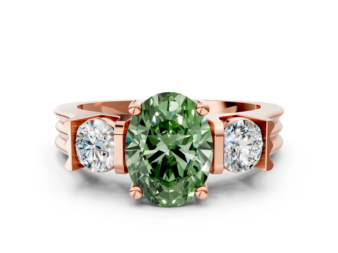 Rose gold Three-Stone Fancy Green Oval Cut Cut Classic Band Prong Setting Ring