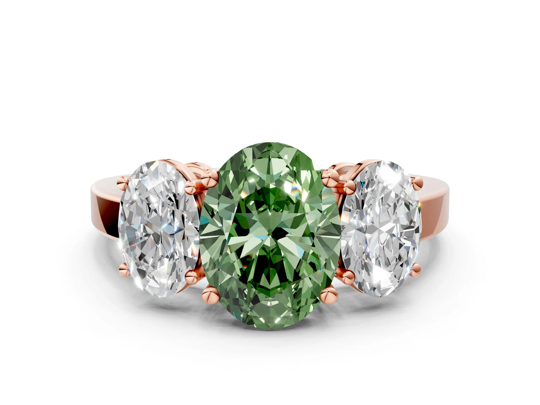 Rose gold Three-Stone Fancy Green Oval Cut Cut Diamond Engagement Ring with Flat Band and Four-Prong Setting_12