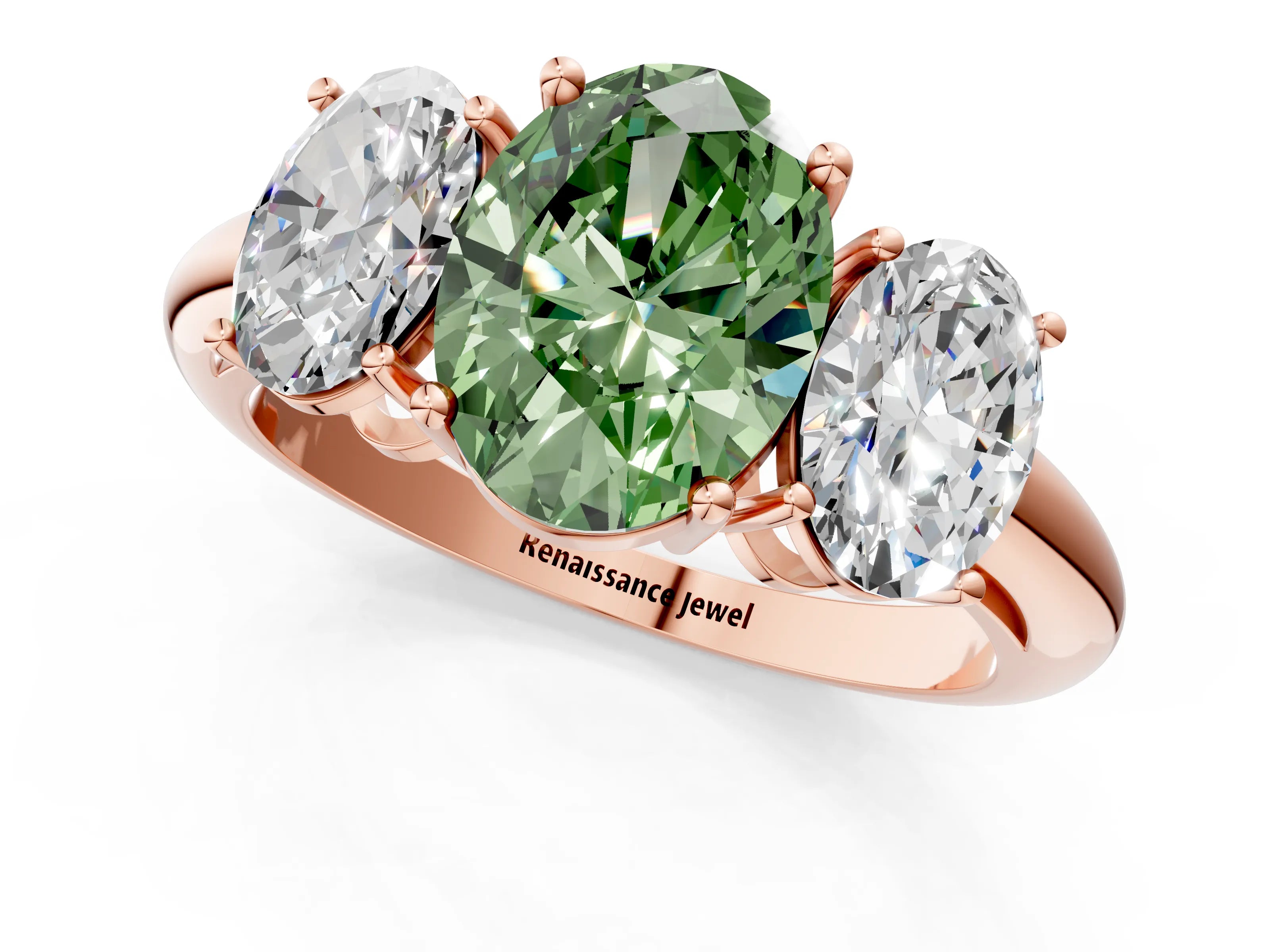 Rose gold Three-Stone Fancy Green Oval Cut Cut Diamond Engagement Ring with Prong Setting on a White Gold Band_1