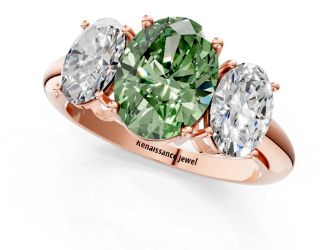 Rose gold Three-Stone Fancy Green Oval Cut Cut Diamond Engagement Ring with Prong Setting on a White Gold Band_1
