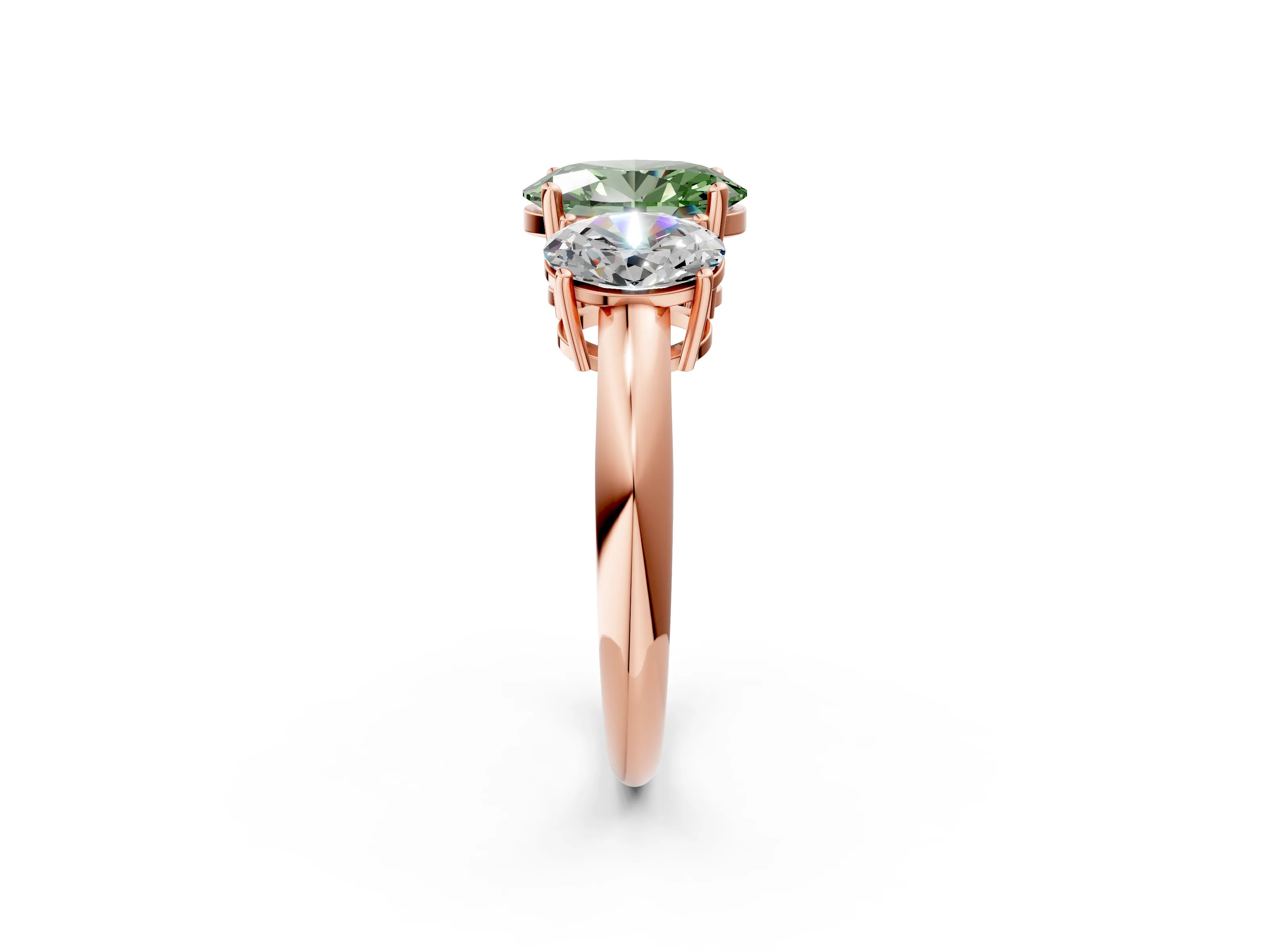 Rose gold Three-Stone Fancy Green Oval Cut Cut Diamond Engagement Ring with Prong Setting on a White Gold Band_2