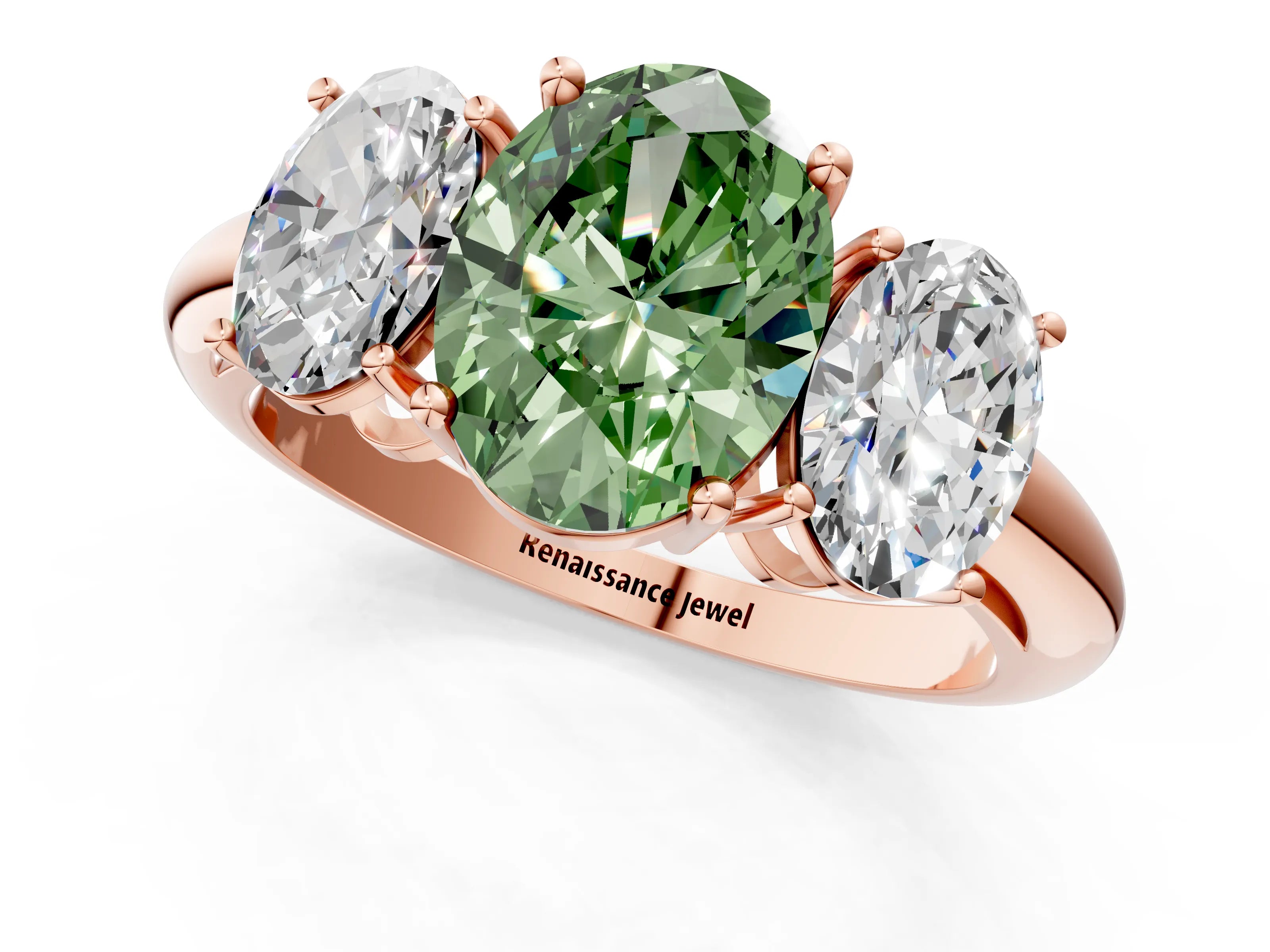 Rose gold Three-Stone Fancy Green Oval Cut Cut Diamond Engagement Ring with Prong Setting on a White Gold Band_25