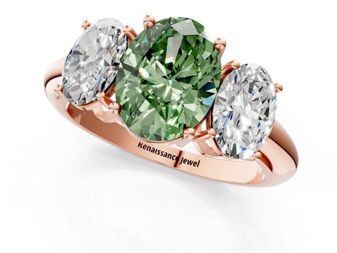 Rose gold Three-Stone Fancy Green Oval Cut Cut Diamond Engagement Ring with Prong Setting on a White Gold Band_25