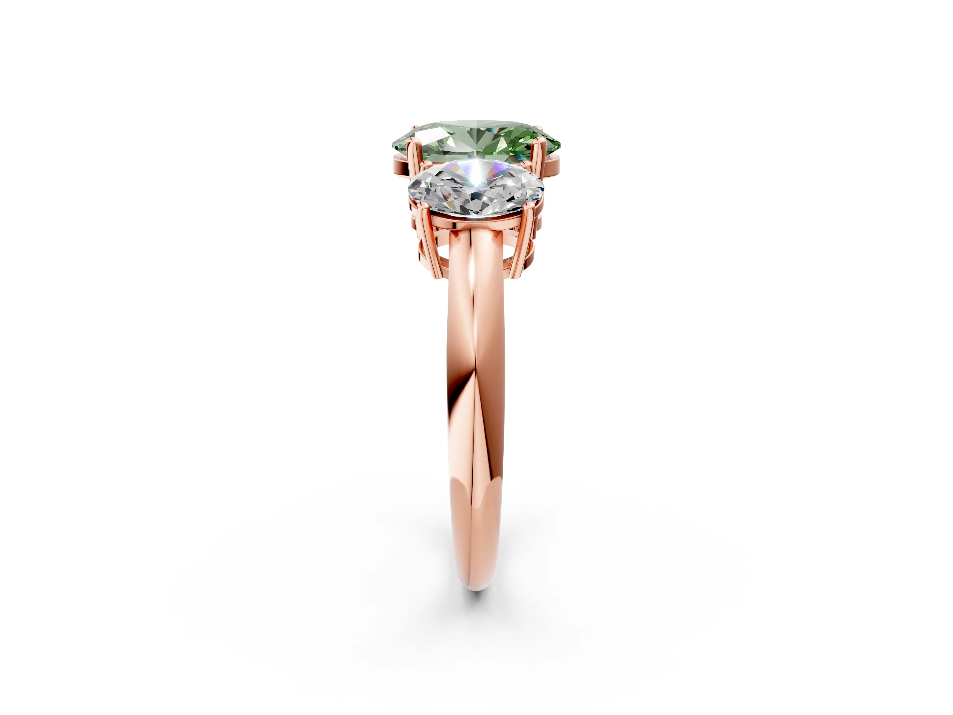 Rose gold Three-Stone Fancy Green Oval Cut Cut Diamond Engagement Ring with Prong Setting on a White Gold Band_26