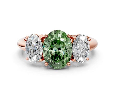 Rose gold Three-Stone Fancy Green Oval Cut Cut Diamond Engagement Ring with Prong Setting on a White Gold Band