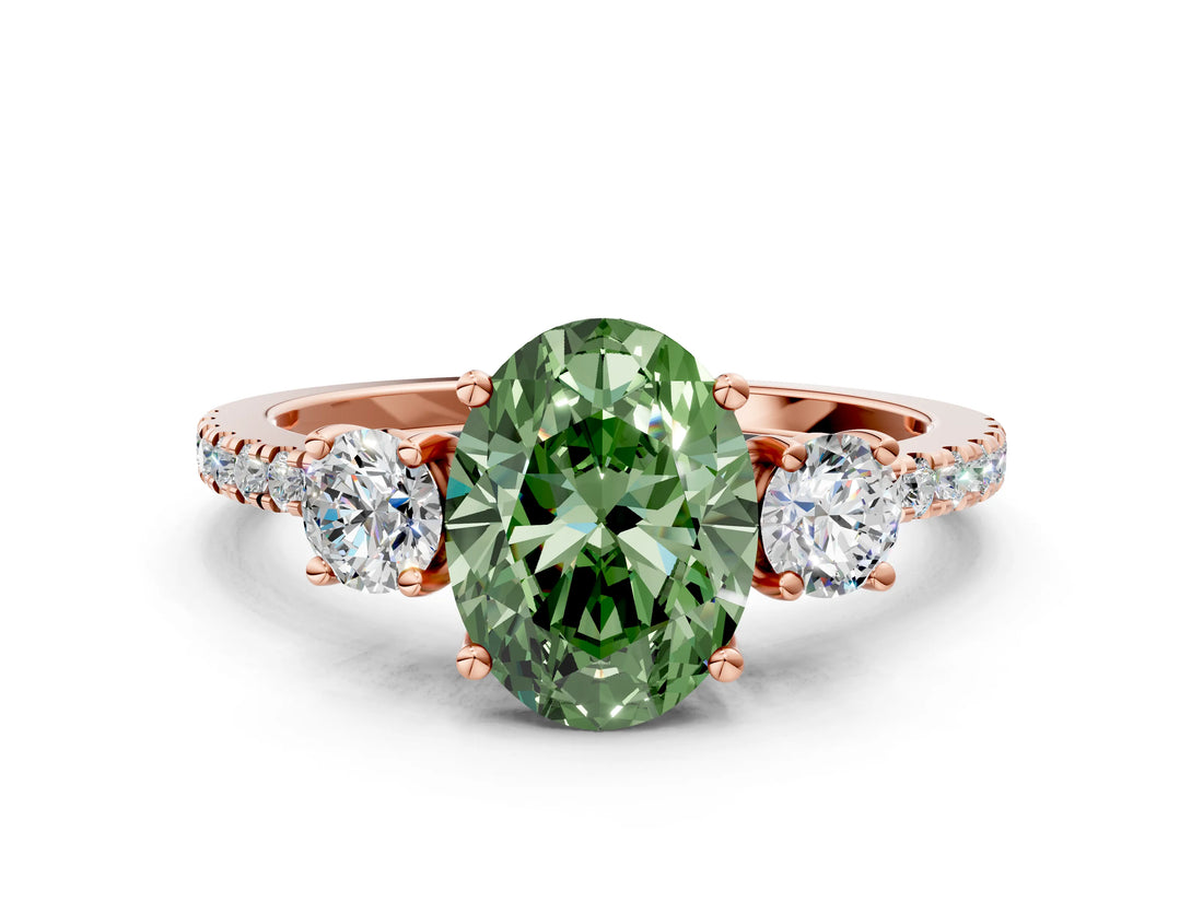 Rose gold Three-Stone Fancy Green Oval Cut Cut Diamond Pavé Band with Prong Setting_15