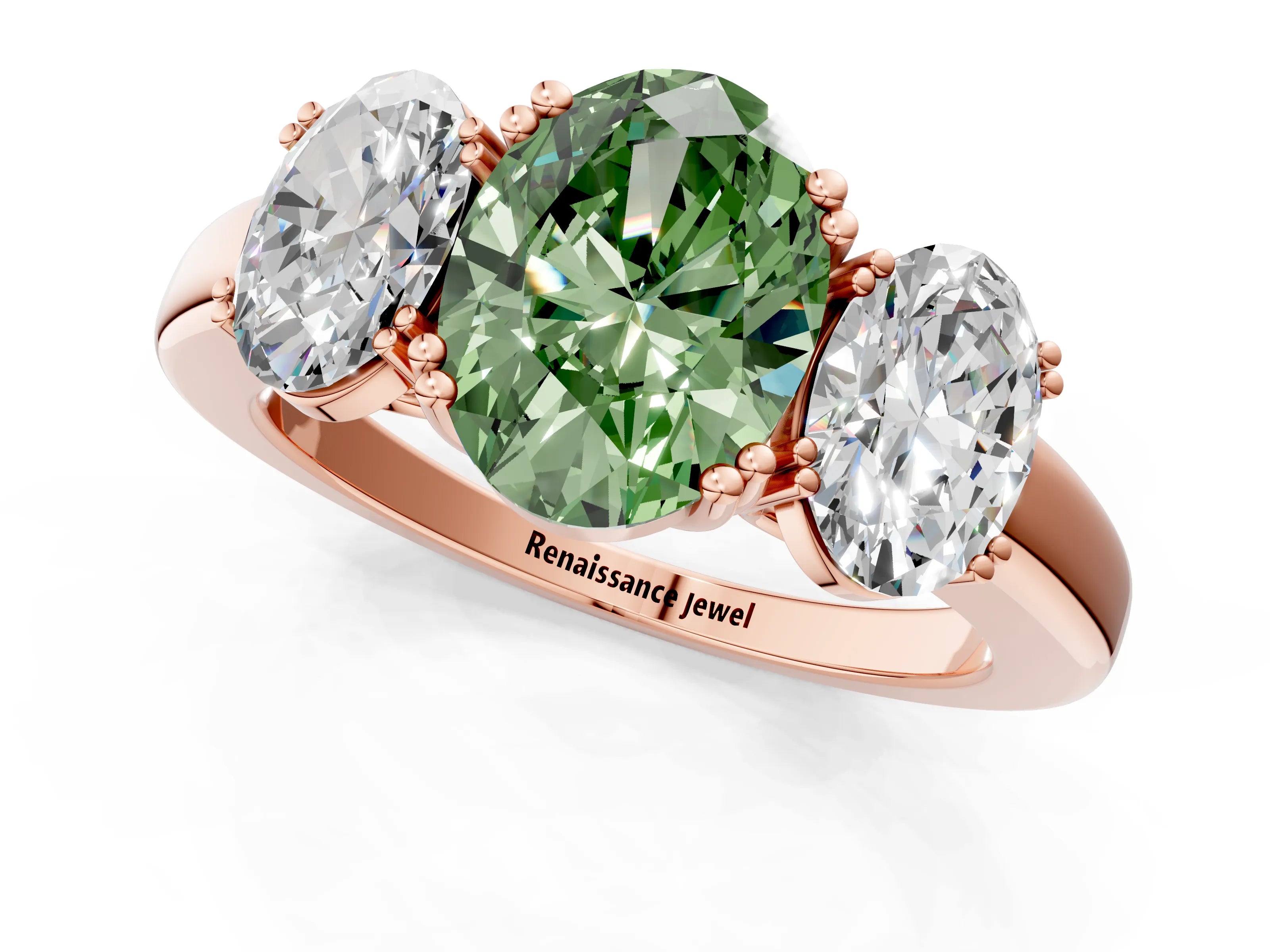 Rose gold Three-Stone Fancy Green Oval Cut Cut Diamond Ring with Channel Set Band and Four-Prong Setting_1
