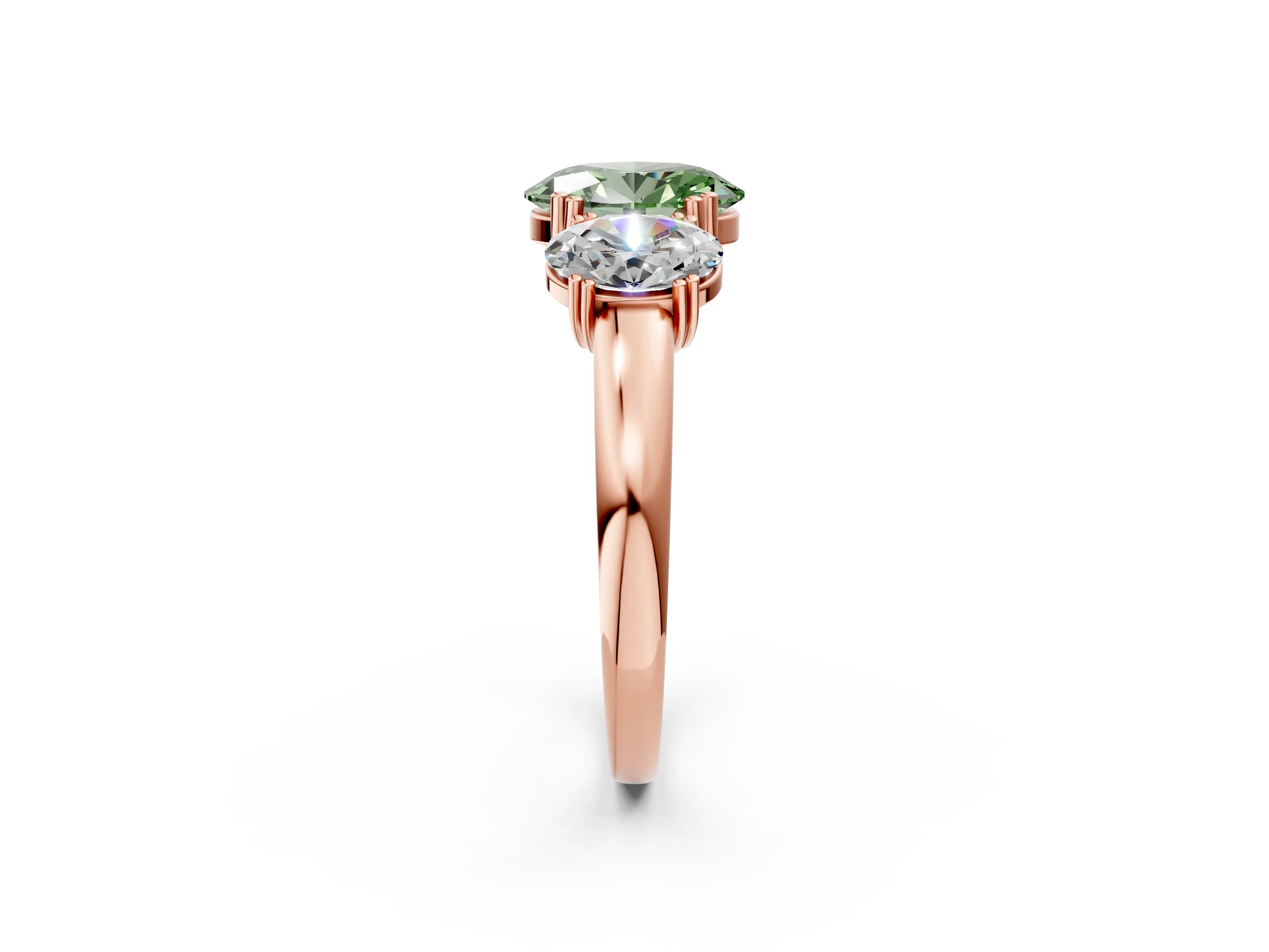 Rose gold Three-Stone Fancy Green Oval Cut Cut Diamond Ring with Channel Set Band and Four-Prong Setting_2