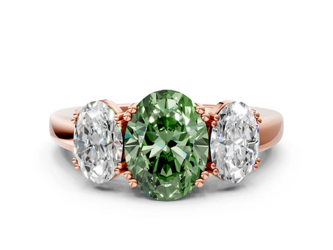 Rose gold Three-Stone Fancy Green Oval Cut Cut Diamond Ring with Channel Set Band and Four-Prong Setting