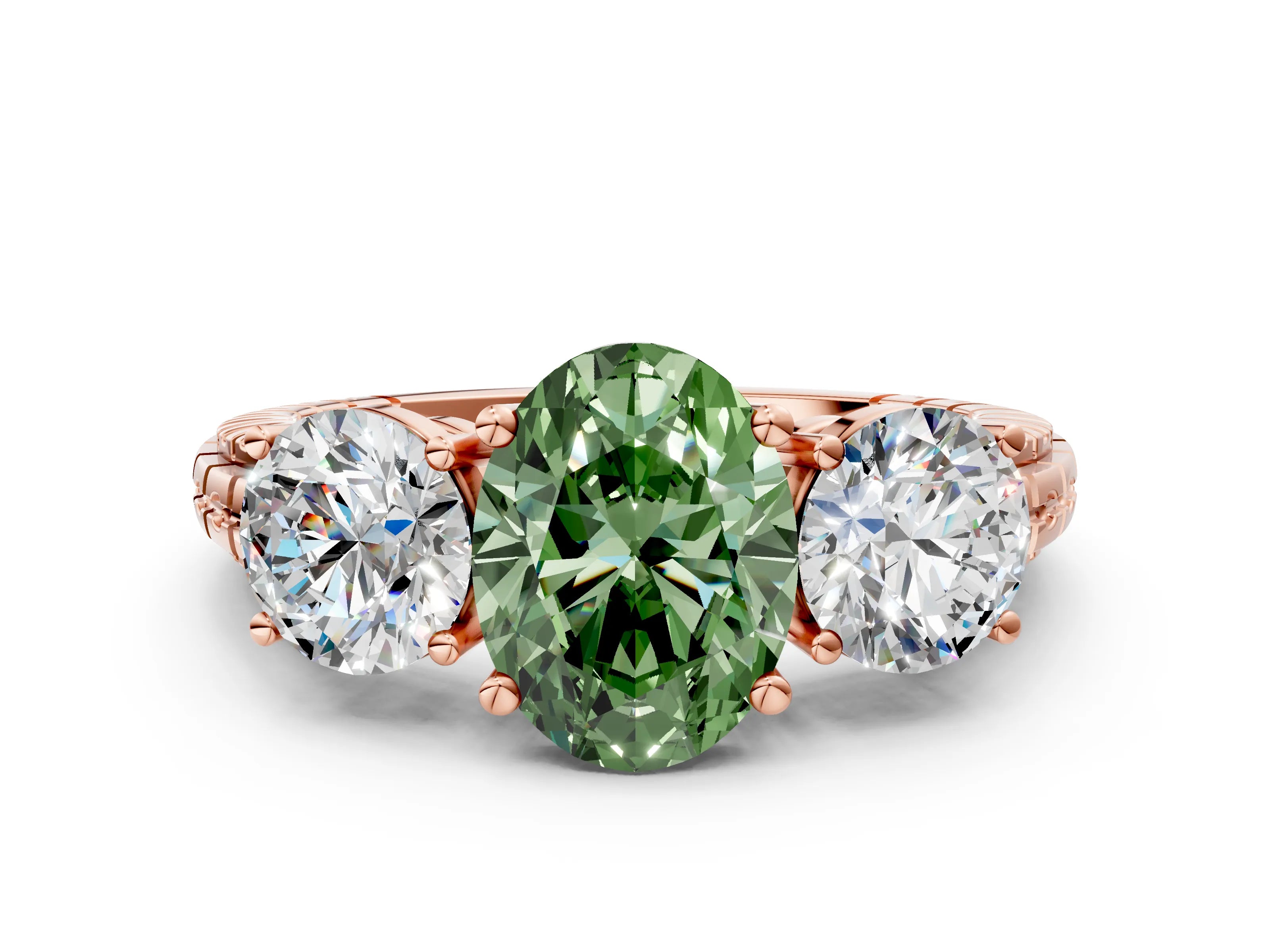 Rose gold Three-Stone Fancy Green Oval Cut Cut Diamond Ring with Channel-Set Band and Prong Setting