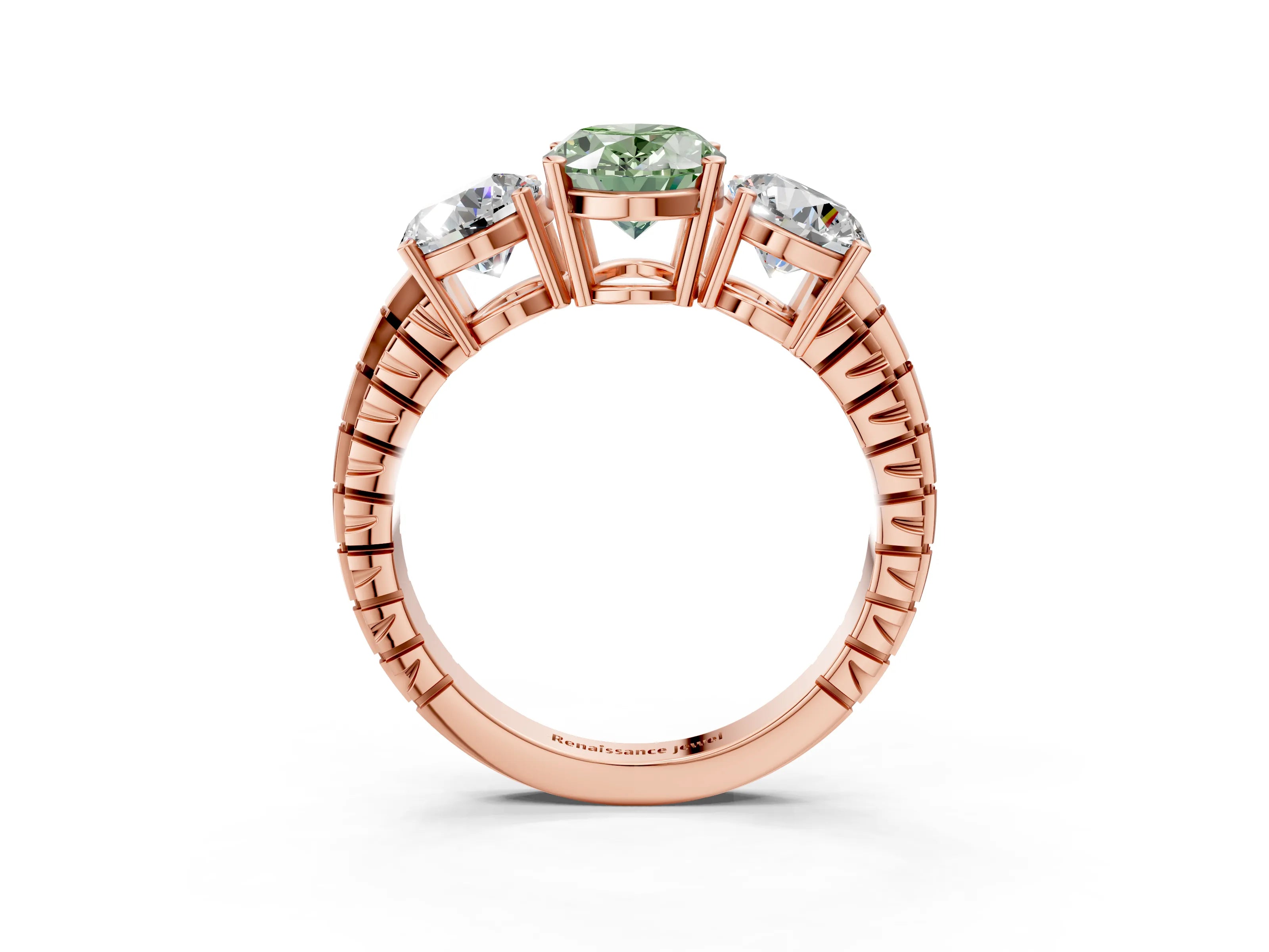 Rose gold Three-Stone Fancy Green Oval Cut Cut Diamond Ring with Channel-Set Band and Prong Setting_3