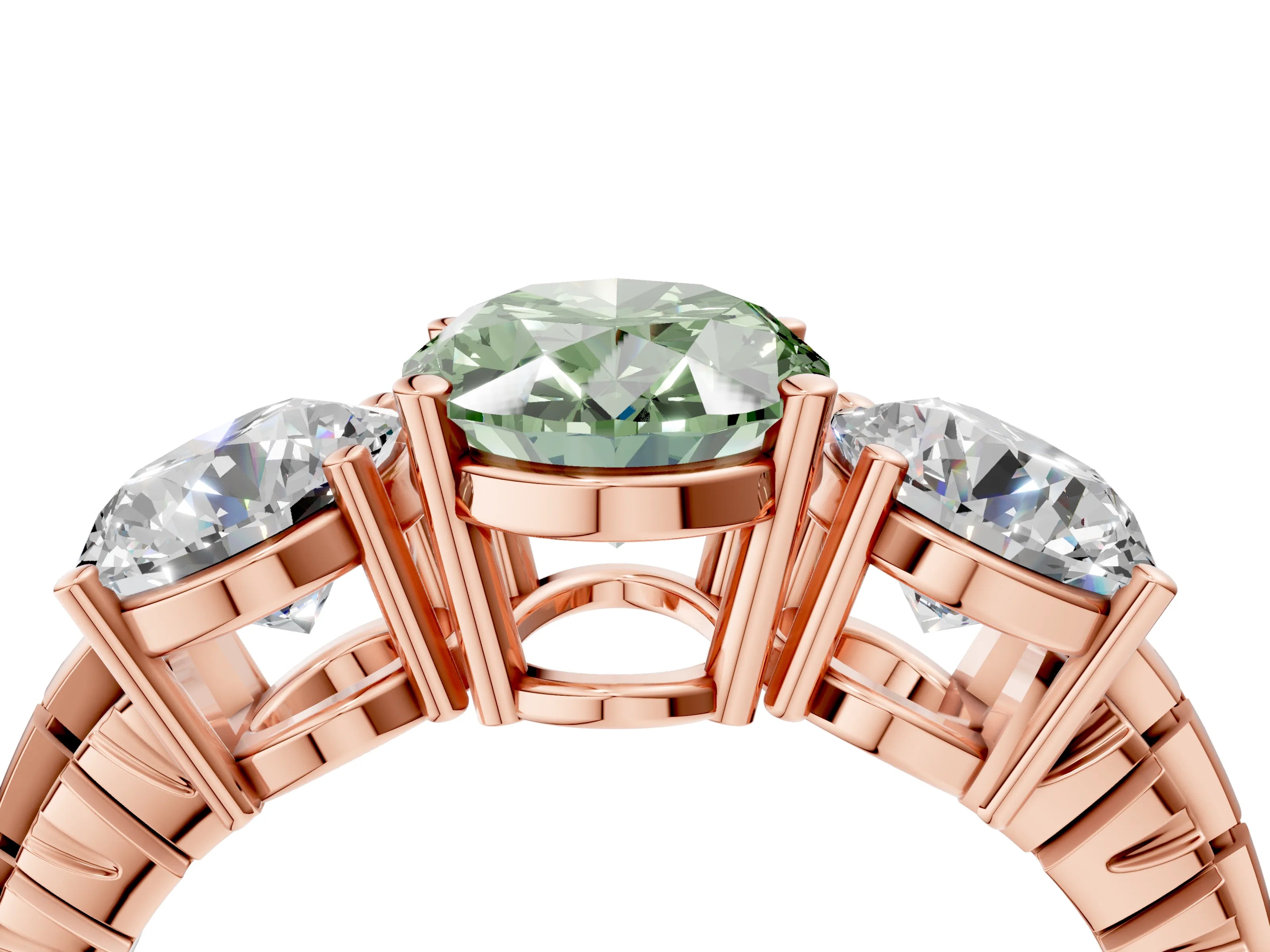 Rose gold Three-Stone Fancy Green Oval Cut Cut Diamond Ring with Channel-Set Band and Prong Setting_4