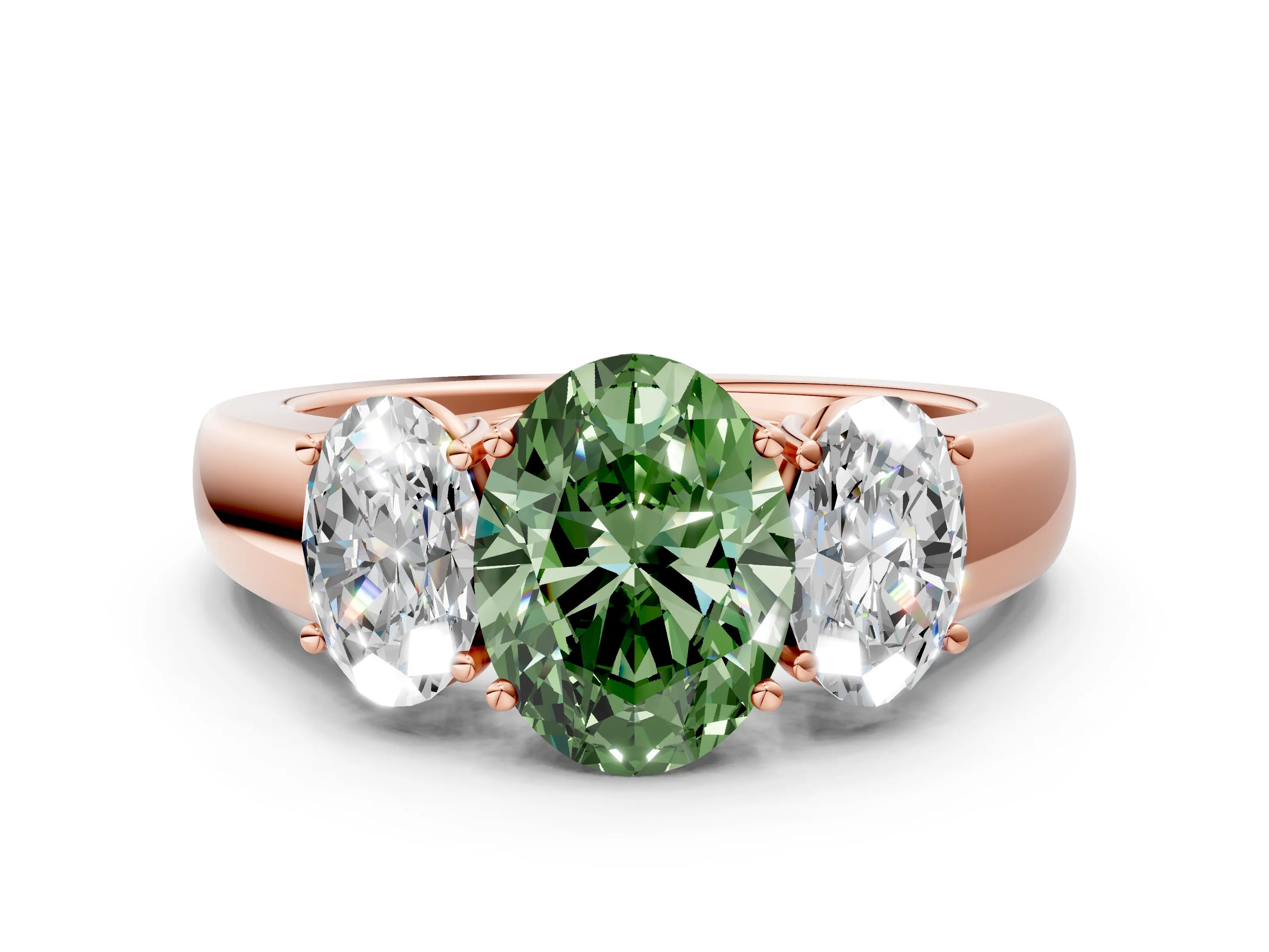 Rose gold Three-Stone Fancy Green Oval Cut Cut Diamond Ring with Prong Setting and Classic Band