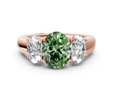 Rose gold Three-Stone Fancy Green Oval Cut Cut Diamond Ring with Prong Setting and Classic Band
