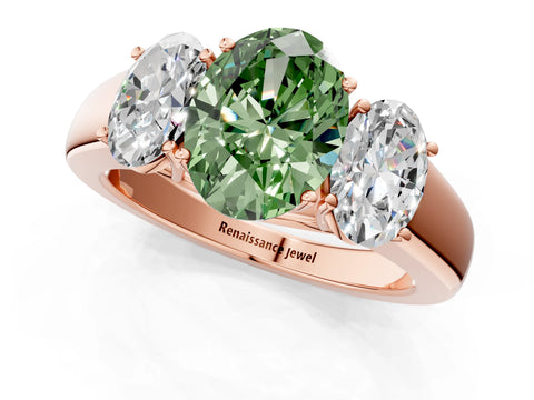 Rose gold Three-Stone Fancy Green Oval Cut Cut Diamond Ring with Prong Setting and Classic Band_1