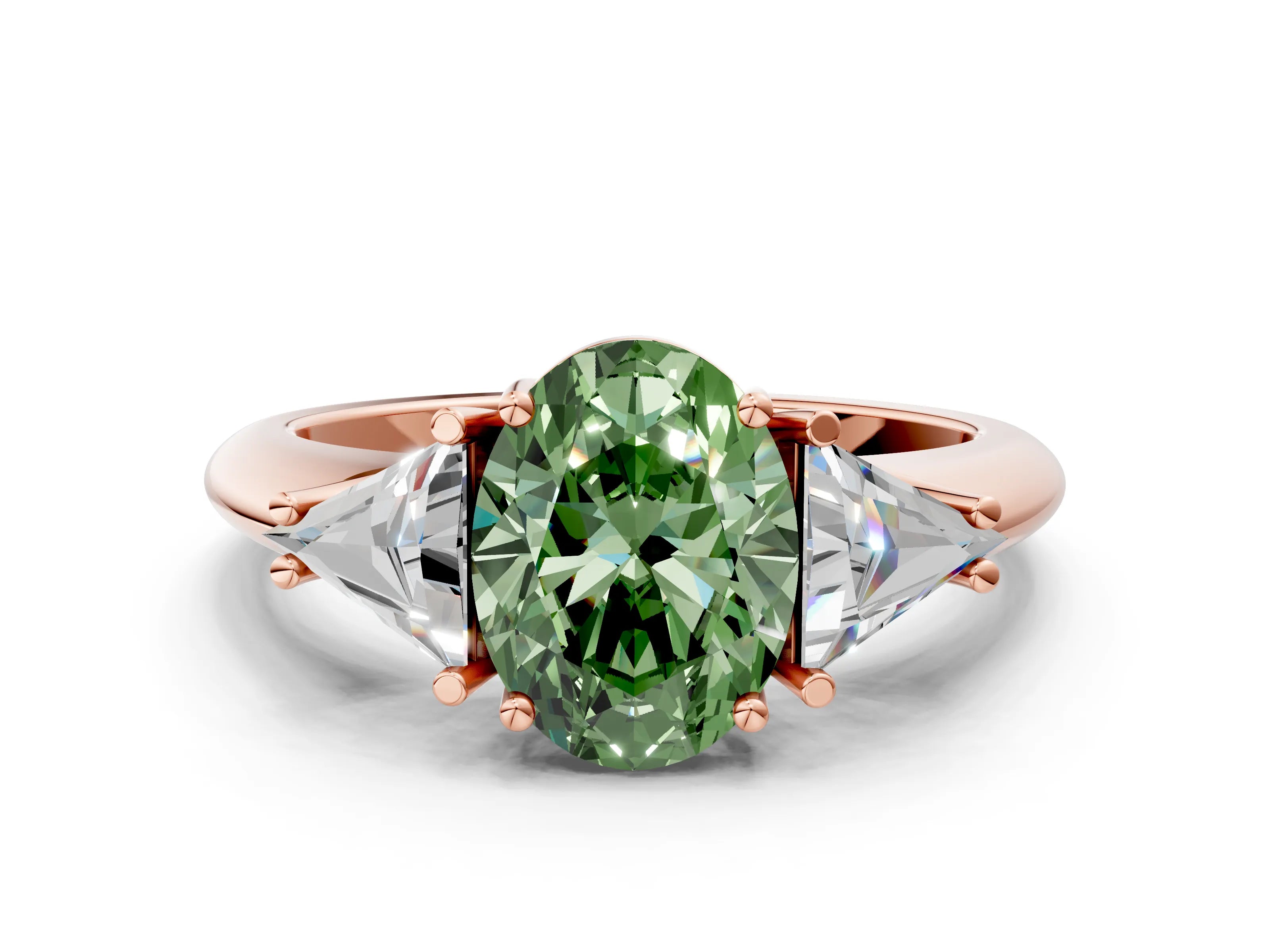 Rose gold Three-Stone Fancy Green Oval Cut Cut Diamond Ring with Trillion Side Stones and Four-Prong Setting_3