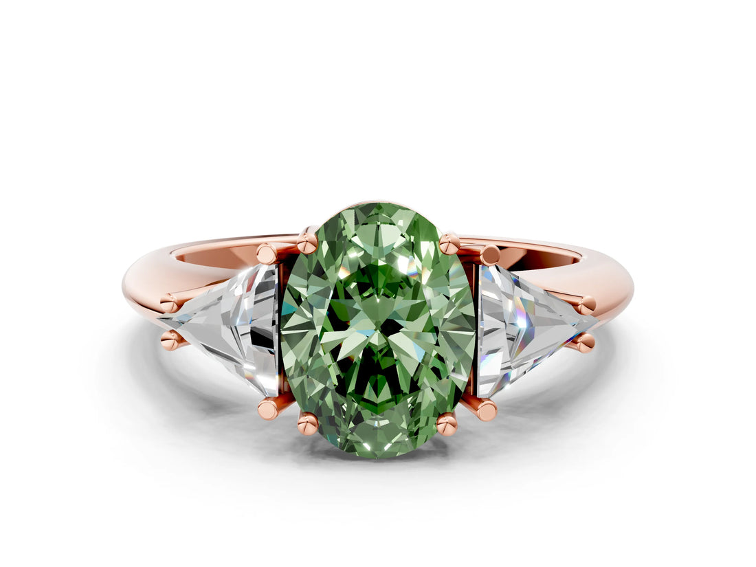 Rose gold Three-Stone Fancy Green Oval Cut Cut Diamond Ring with Trillion Side Stones and Four-Prong Setting_3