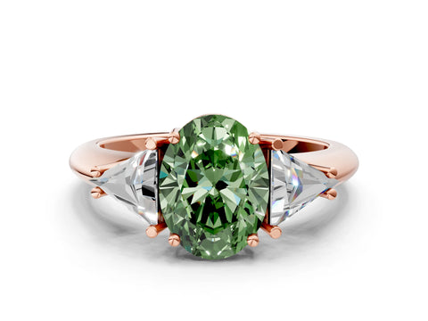 Rose gold Three-Stone Fancy Green Oval Cut Cut Diamond Ring with Trillion Side Stones and Four-Prong Setting_3