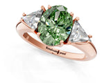 Rose gold Three-Stone Fancy Green Oval Cut Cut Diamond Ring with Trillion Side Stones and Four-Prong Setting_4