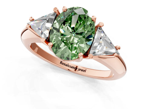 Rose gold Three-Stone Fancy Green Oval Cut Cut Diamond Ring with Trillion Side Stones and Four-Prong Setting_4