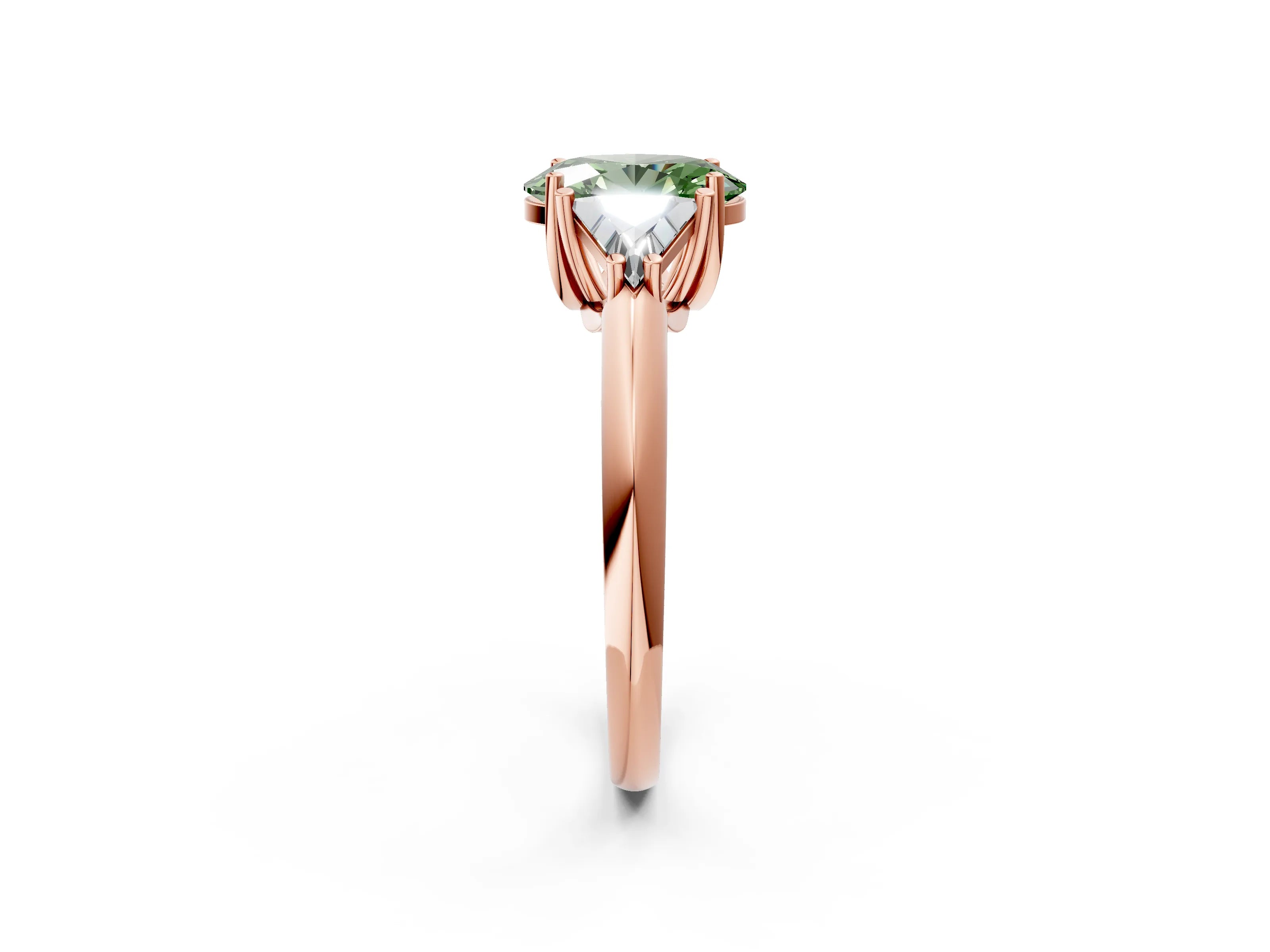 Rose gold Three-Stone Fancy Green Oval Cut Cut Diamond Ring with Trillion Side Stones and Four-Prong Setting_5