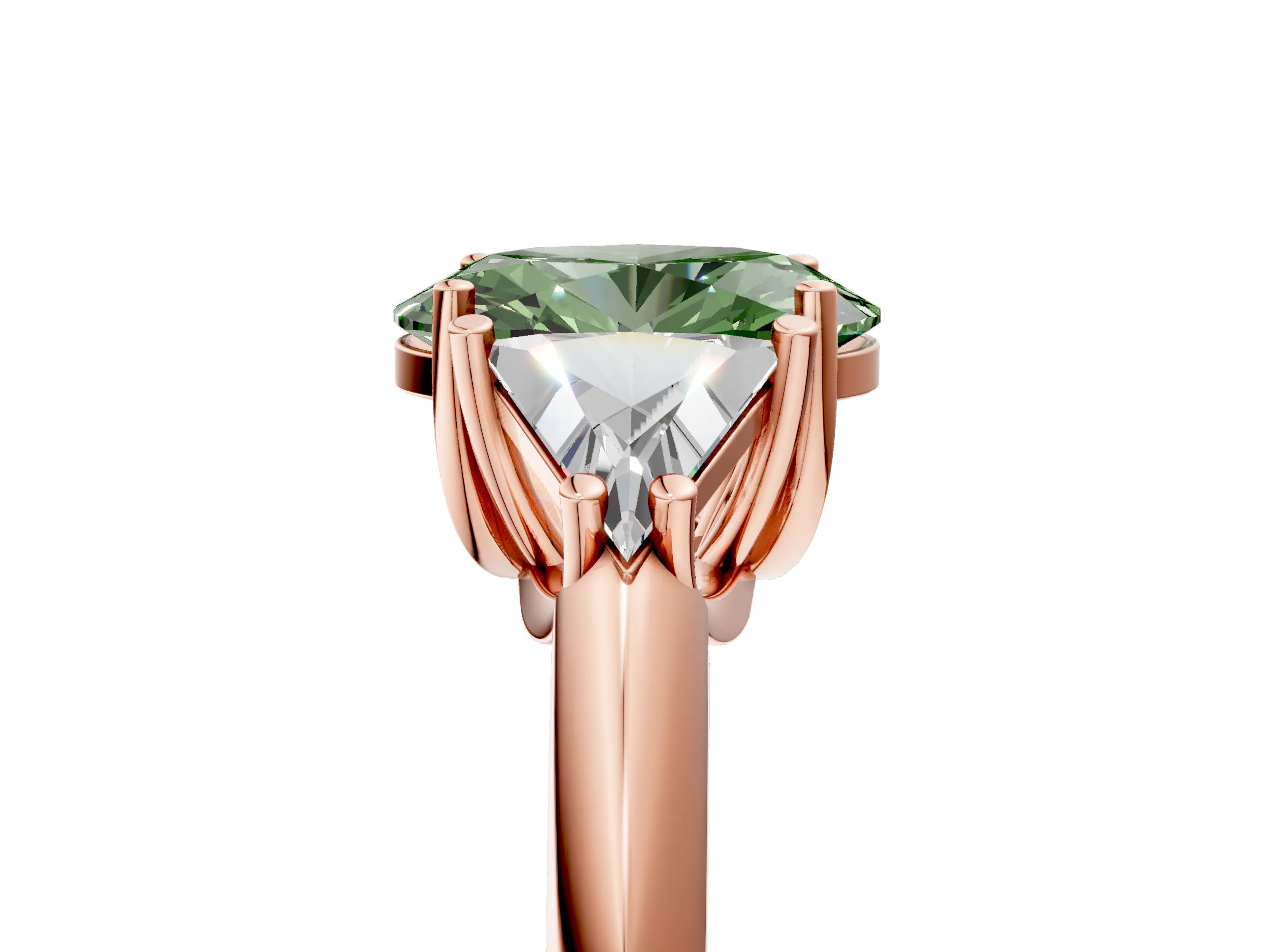 Rose gold Three-Stone Fancy Green Oval Cut Cut Diamond Ring with Trillion Side Stones and Four-Prong Setting_8