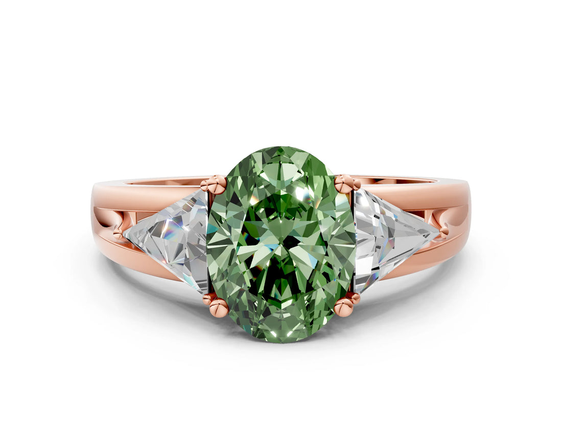Rose gold Three-Stone Fancy Green Oval Cut Cut Diamond Ring with Trillion Side Stones on a Split Shank Band