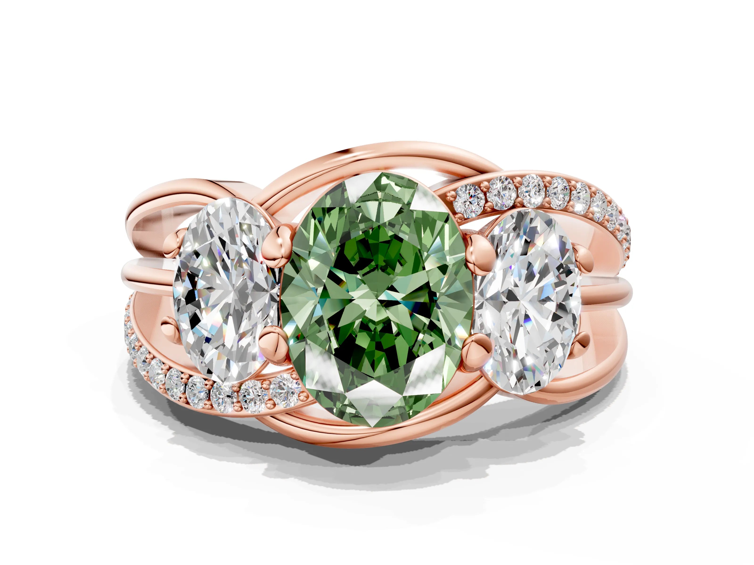 Rose gold Three-Stone Fancy Green Oval Cut Cut Diamond Split Shank Prong Set Ring