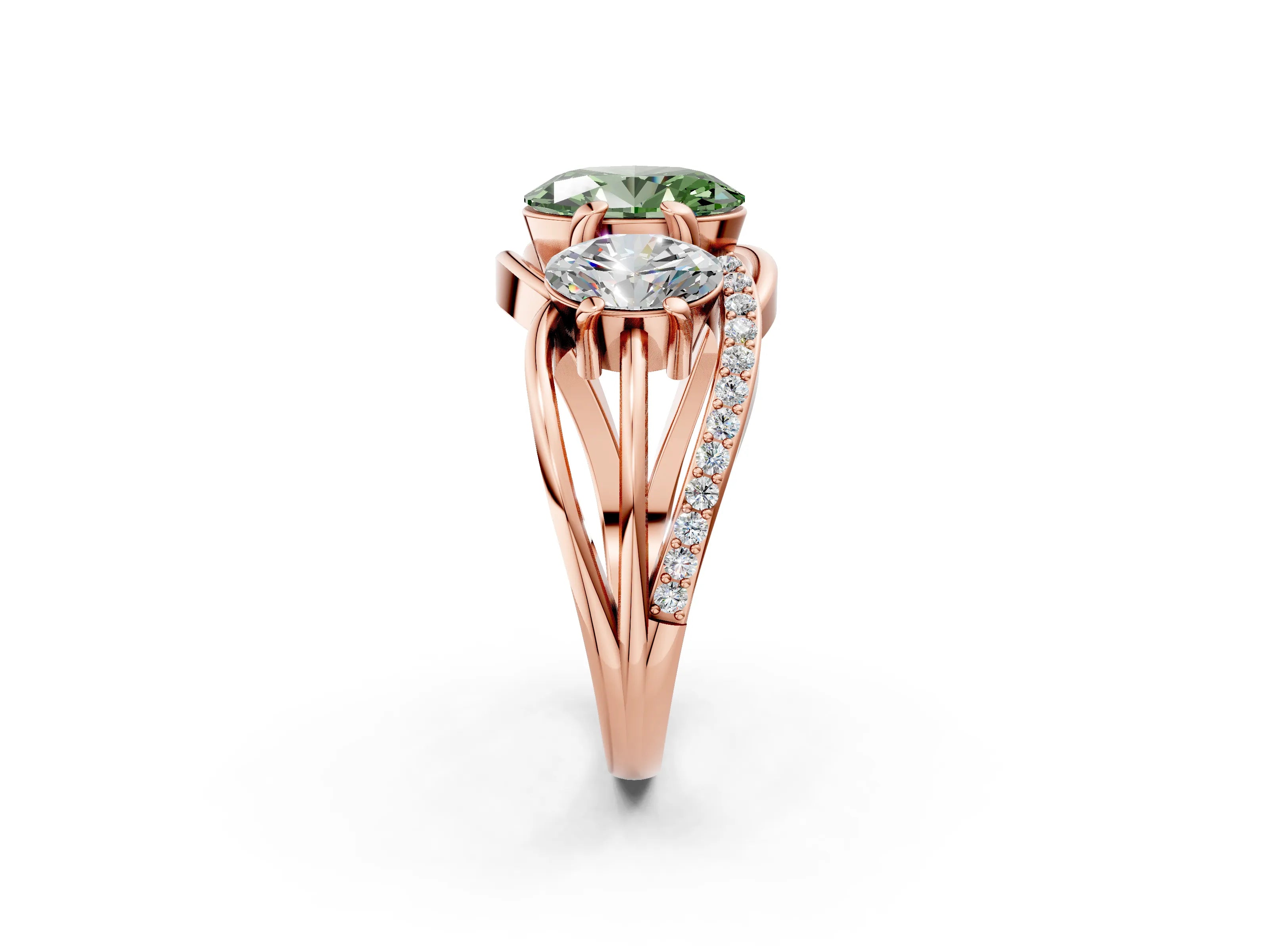Rose gold Three-Stone Fancy Green Oval Cut Cut Diamond Split Shank Prong Set Ring_2