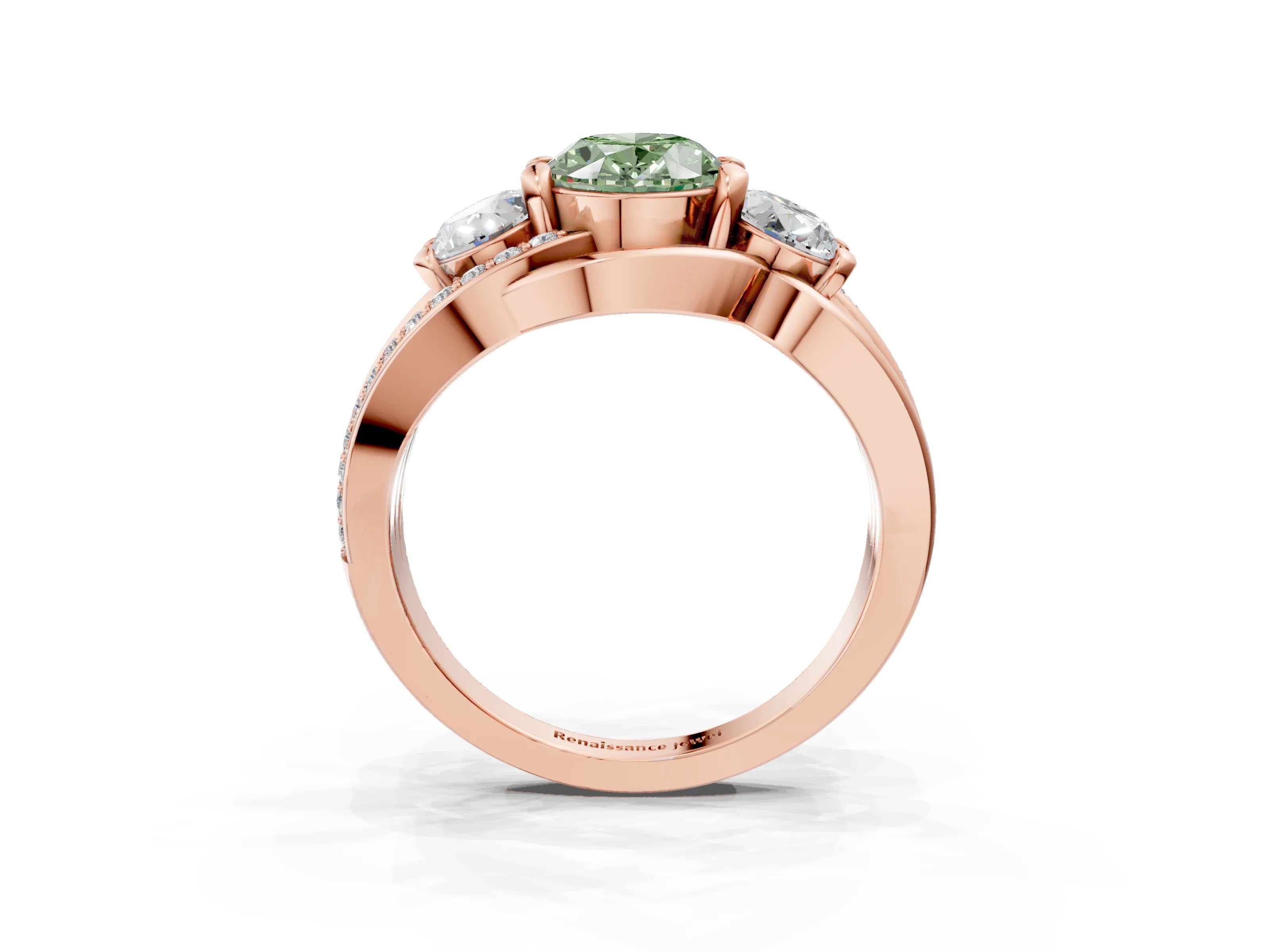 Rose gold Three-Stone Fancy Green Oval Cut Cut Diamond Split Shank Prong Set Ring_3