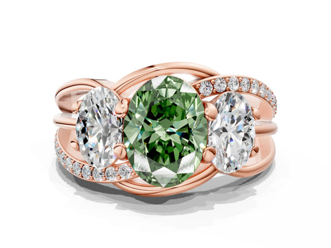 Rose gold Three-Stone Fancy Green Oval Cut Cut Diamond Split Shank Prong Set Ring
