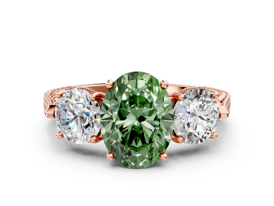 Rose gold Three-Stone Fancy Green Oval Cut Cut Milgrain Band Prong Setting Ring_18