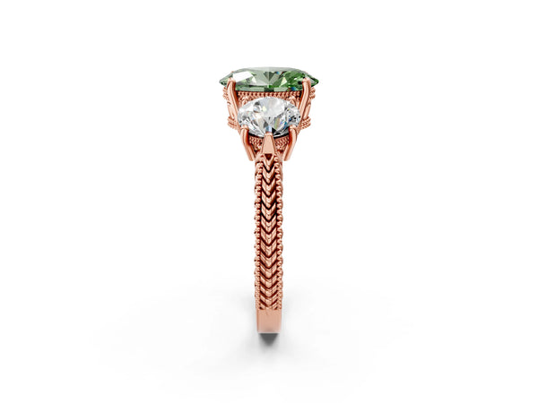 Rose Gold Oval Vintage Three Stone Engagement Ring Setting for Fancy Green Center
