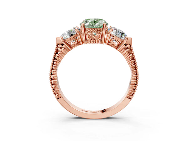 Rose Gold Oval Vintage Three Stone Engagement Ring Setting for Fancy Green Center
