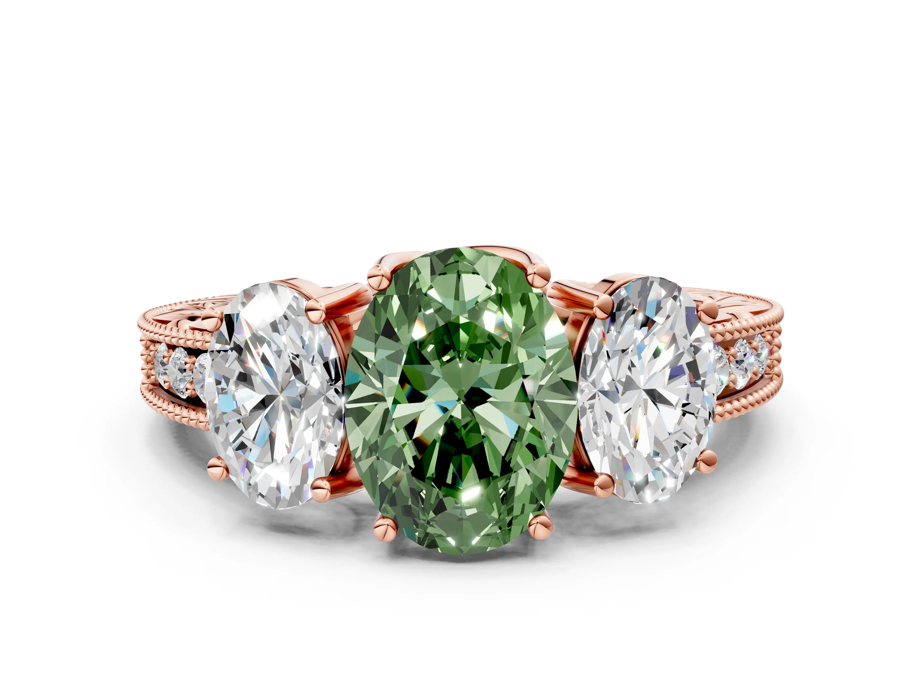 Rose gold Three-Stone Fancy Green Oval Cut Cut Milgrain Pavé Engagement Ring