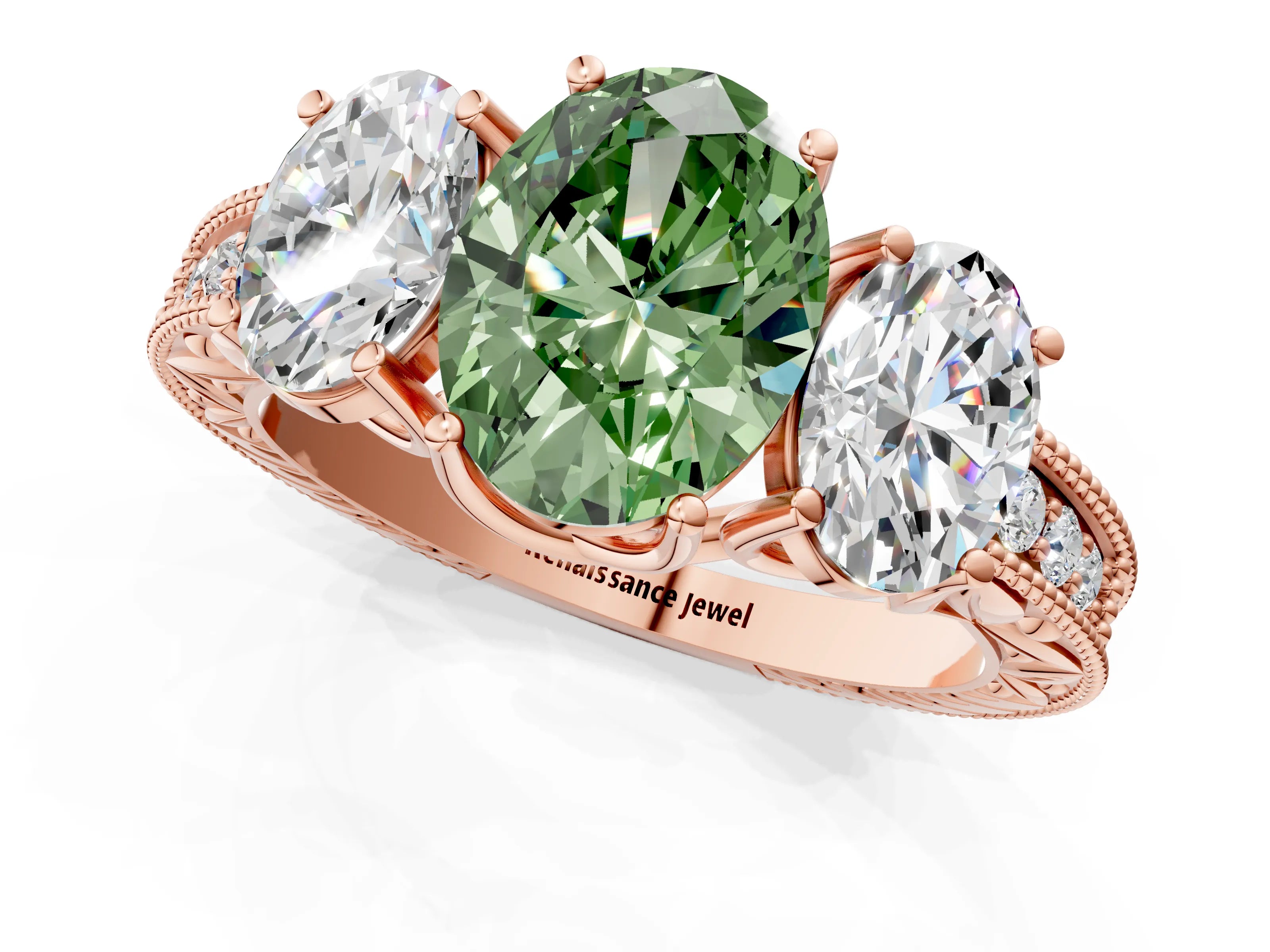 Rose gold Three-Stone Fancy Green Oval Cut Cut Milgrain Pavé Engagement Ring_1