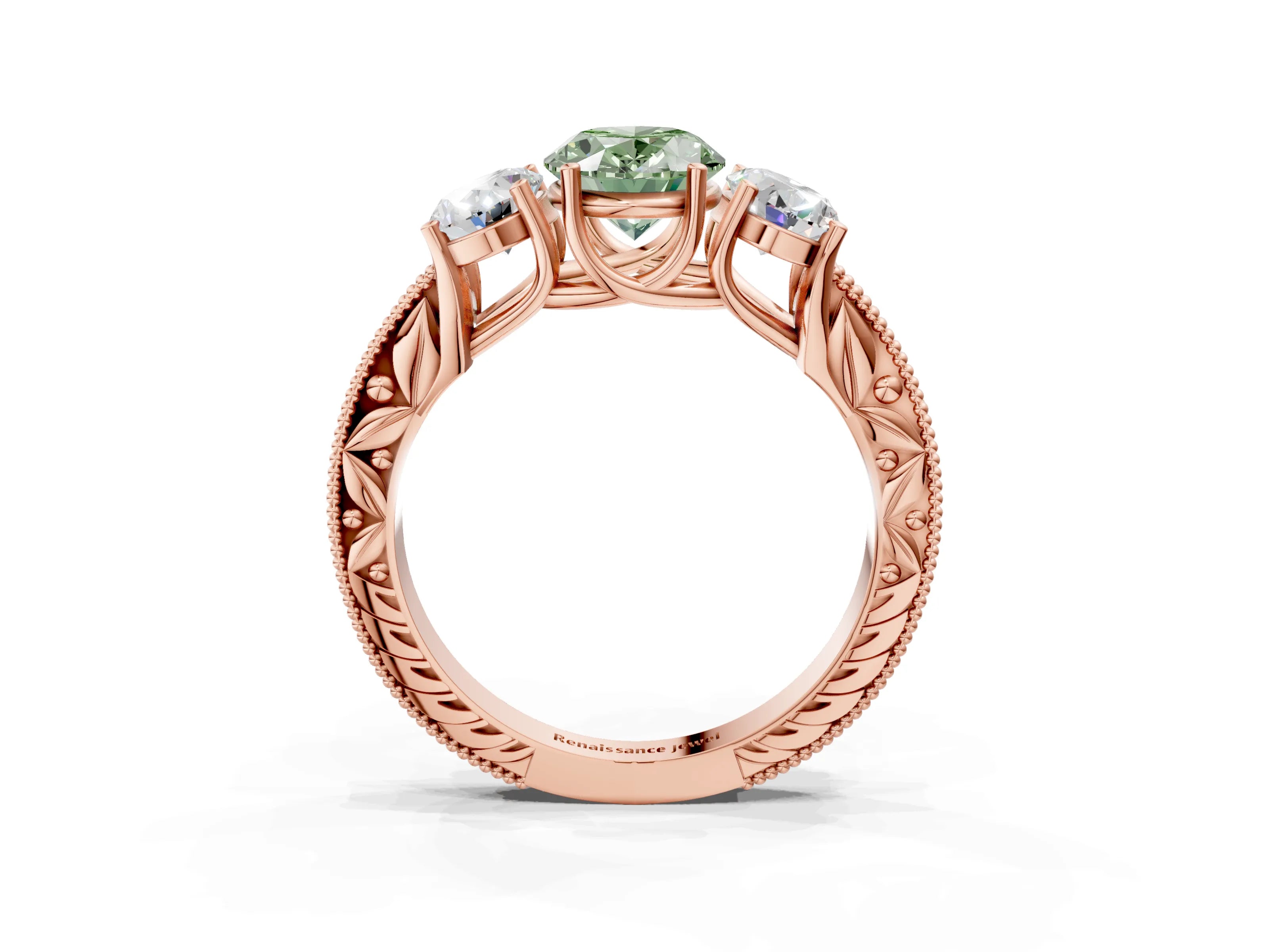 Rose gold Three-Stone Fancy Green Oval Cut Cut Milgrain Pavé Engagement Ring_15