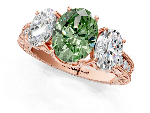 Rose gold Three-Stone Fancy Green Oval Cut Cut Milgrain Pavé Engagement Ring_1
