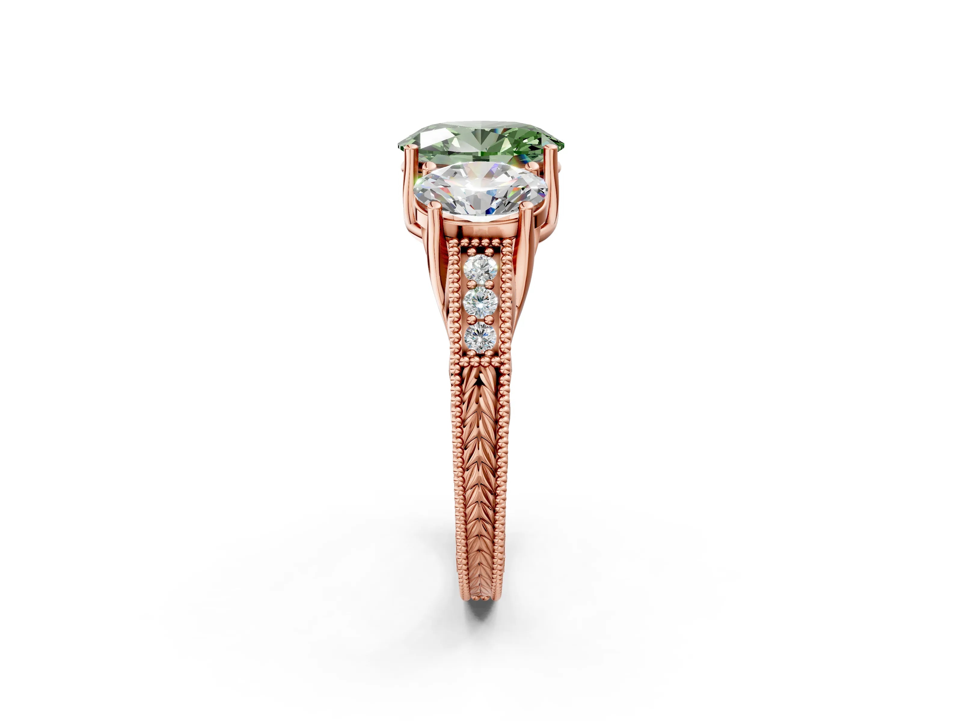 Rose gold Three-Stone Fancy Green Oval Cut Cut Milgrain Pavé Engagement Ring_2