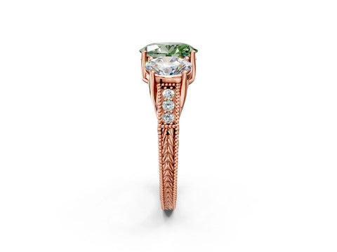 Rose gold Three-Stone Fancy Green Oval Cut Cut Milgrain Pavé Engagement Ring_2