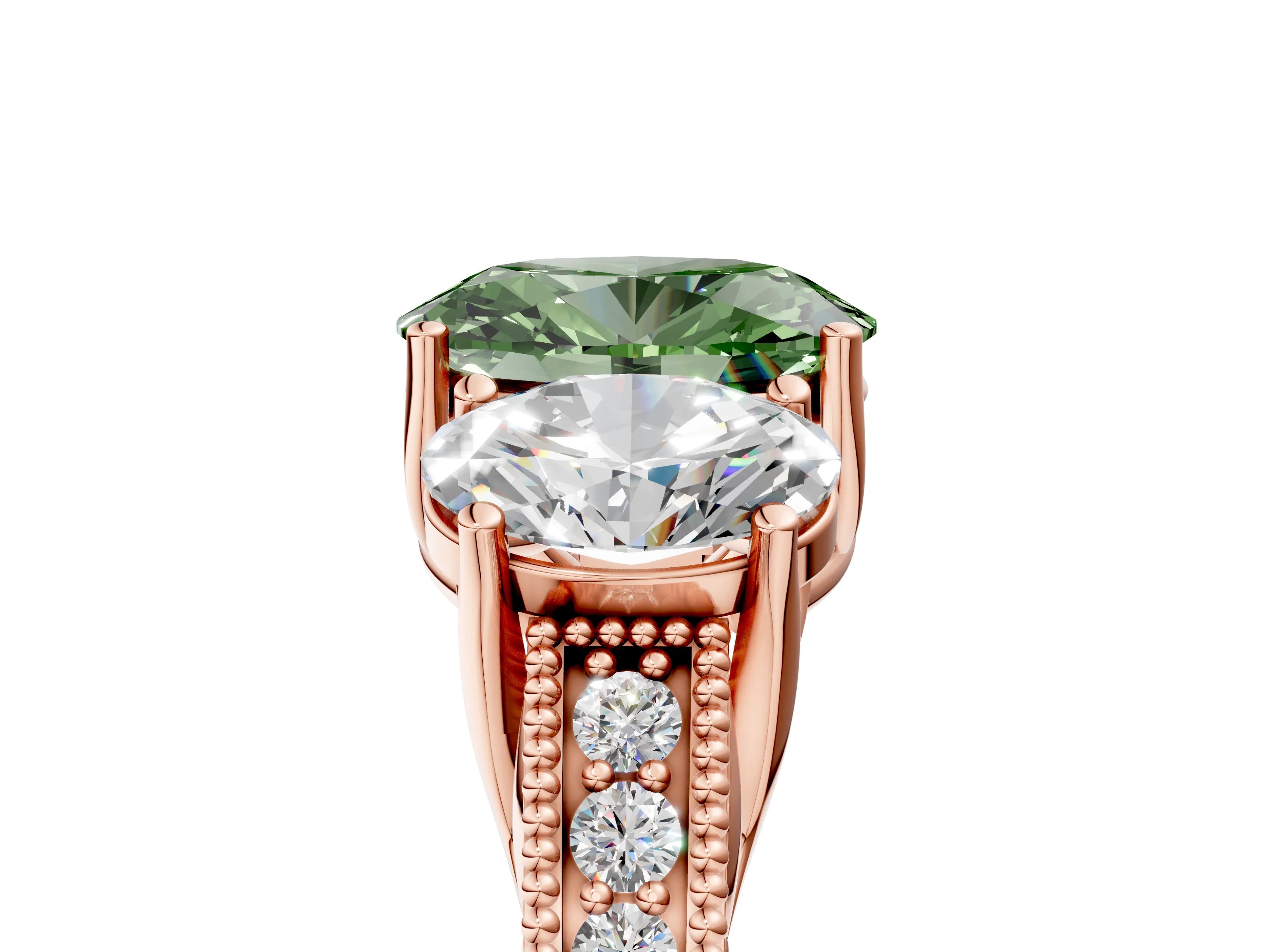 Rose gold Three-Stone Fancy Green Oval Cut Cut Milgrain Pavé Engagement Ring_5