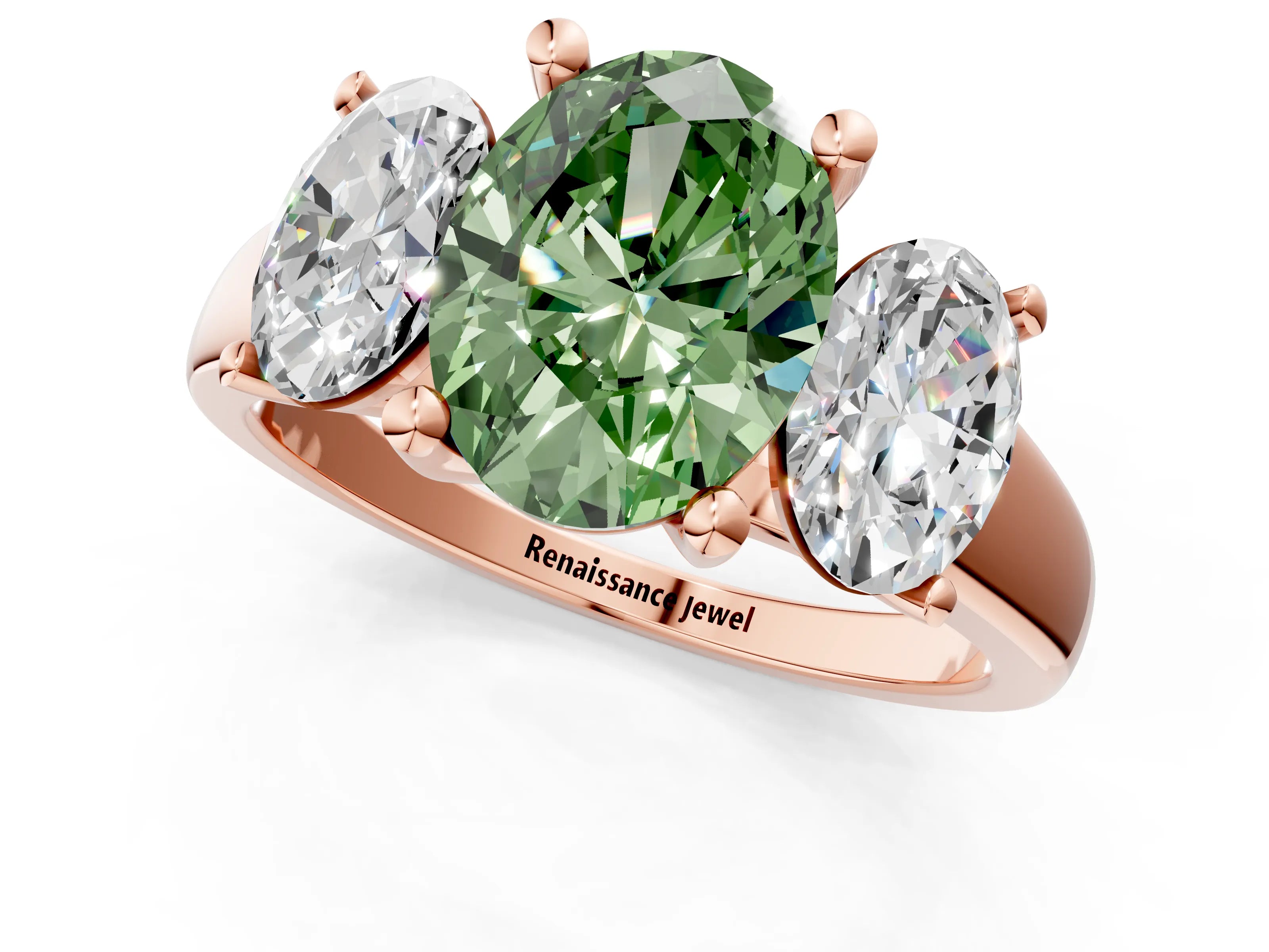 Rose gold Three-Stone Fancy Green Oval Cut Cut Solitaire Ring with Classic Prong Setting_1