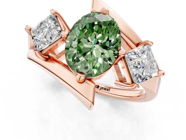 Rose gold Three-Stone Fancy Green Oval Cut Cut Tension Band Ring with Four-Prong Setting