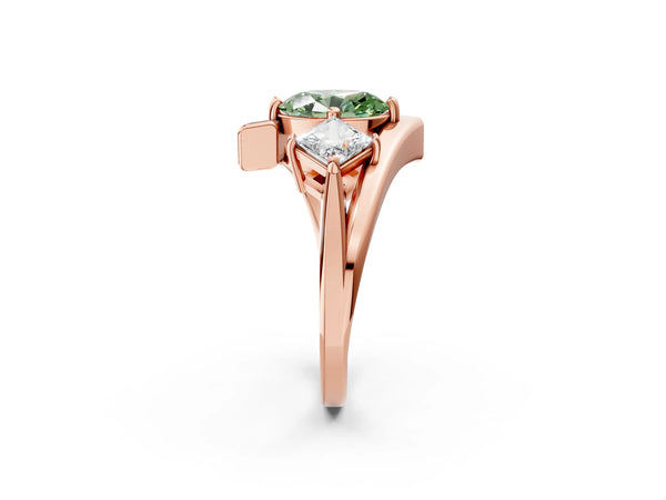 Rose gold Three-Stone Fancy Green Oval Cut Cut Tension Band Ring with Four-Prong Setting