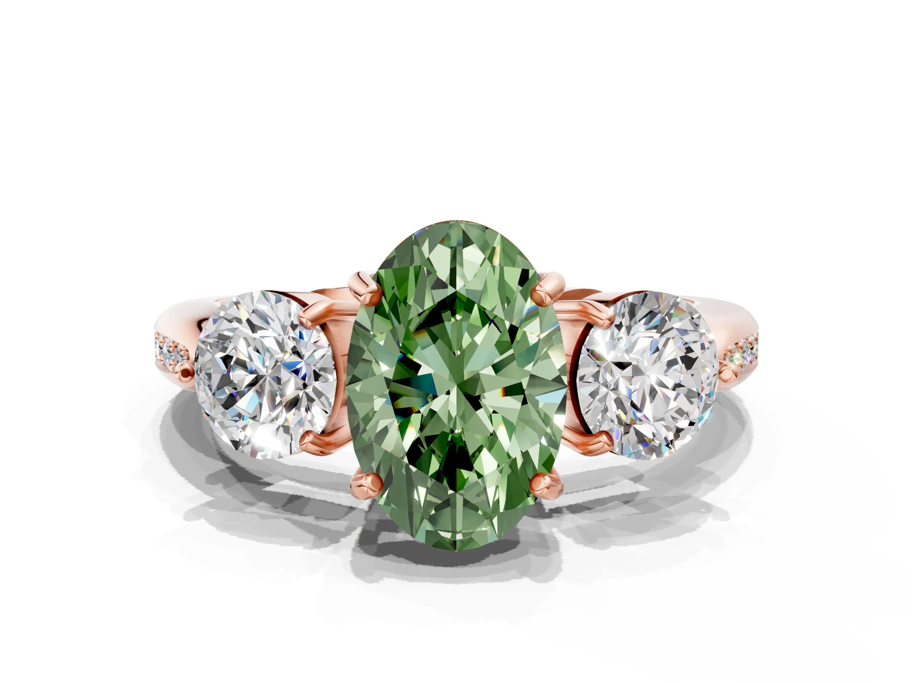 Rose gold Three-Stone Fancy Green Oval Cut Diamond Channel Set Engagement Ring with Prong Setting