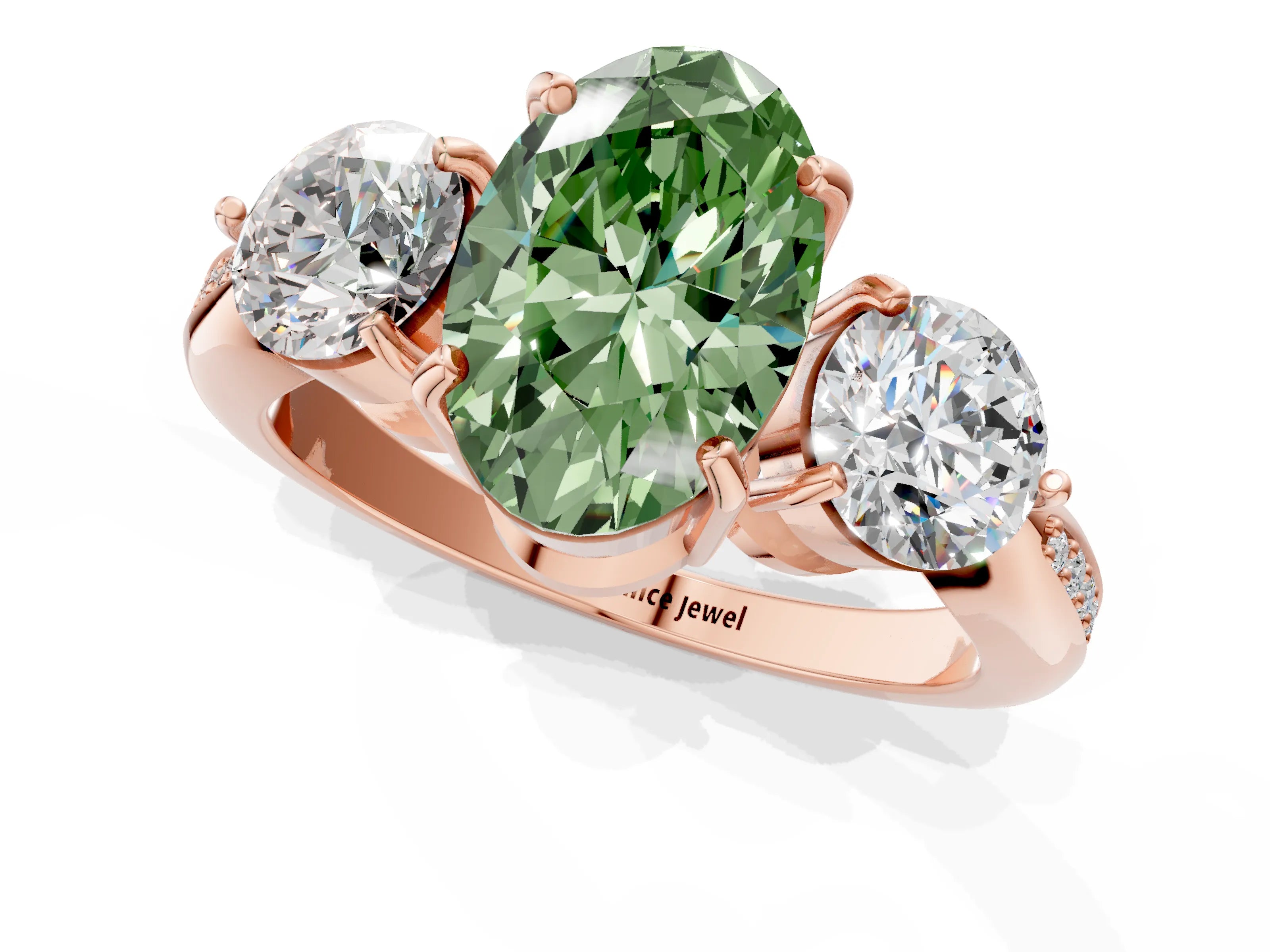 Rose gold Three-Stone Fancy Green Oval Cut Diamond Channel Set Engagement Ring with Prong Setting_1